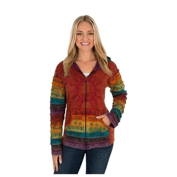 Greater Rainbow Colorful Embroidered Patchwork Hippie Jacket Size Medium - Picture 3 of 10